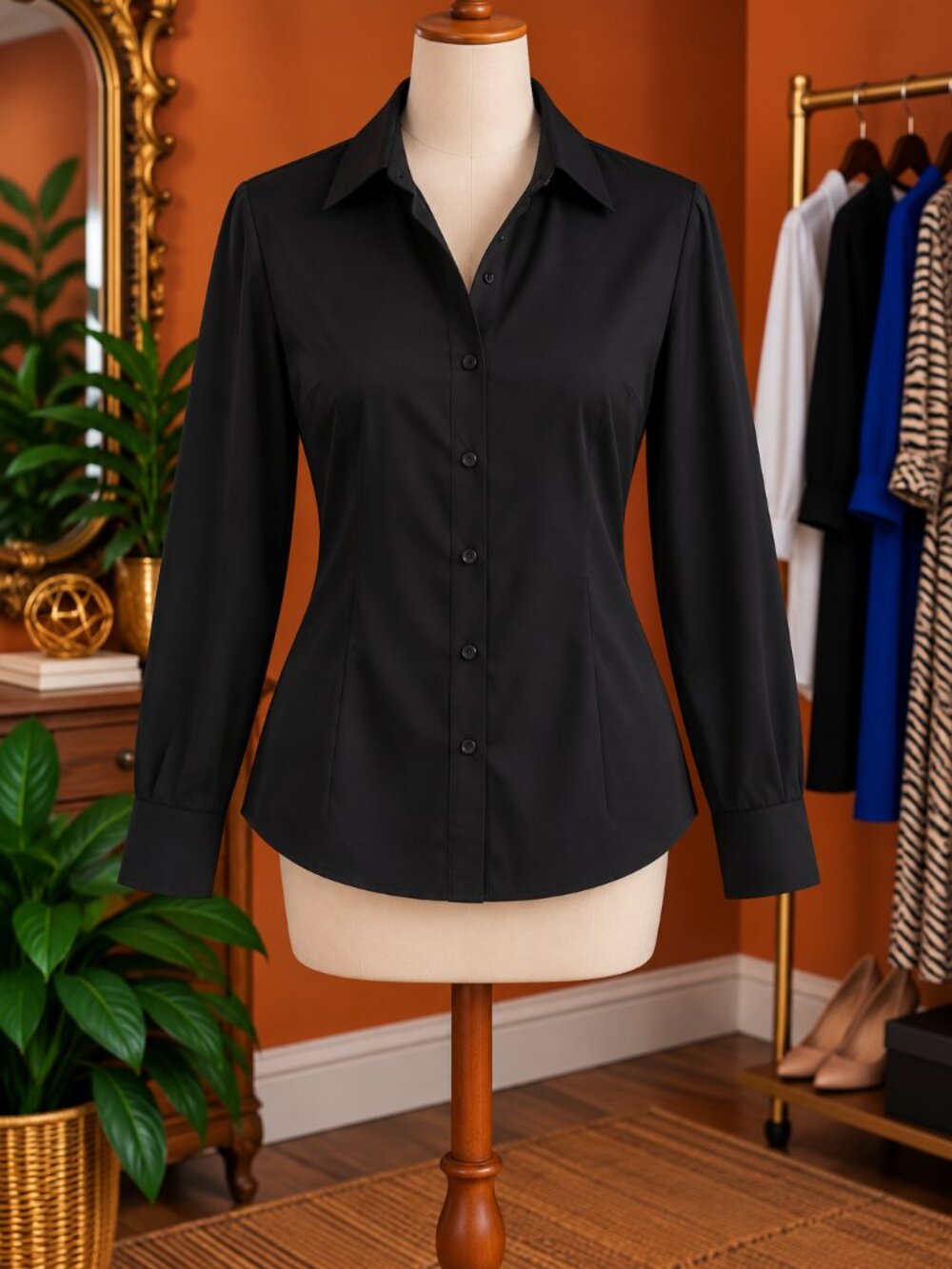 Satin Elegant Black Women's Button-Up Top